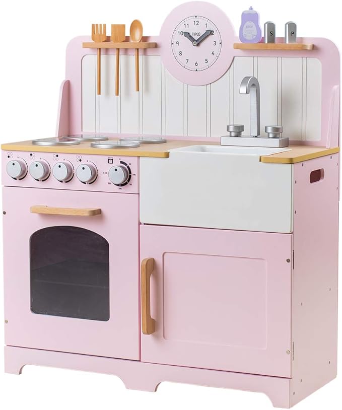 Tidlo Pink Country Play Kitchen | Wooden Cooking Set for Kids