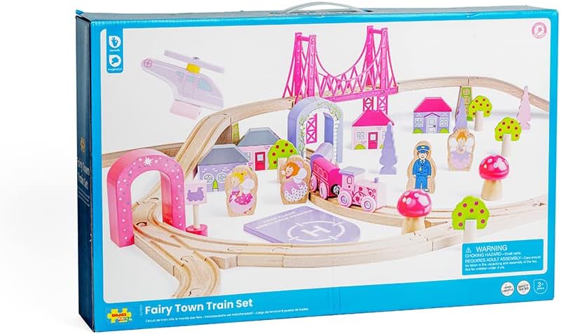 Bigjigs Rail Fairy Town Wooden Train Set | Railway Toy for Kids Age 3+ | Wood Track with Model Fairytale Village | Comes with Pink Wood Accessories