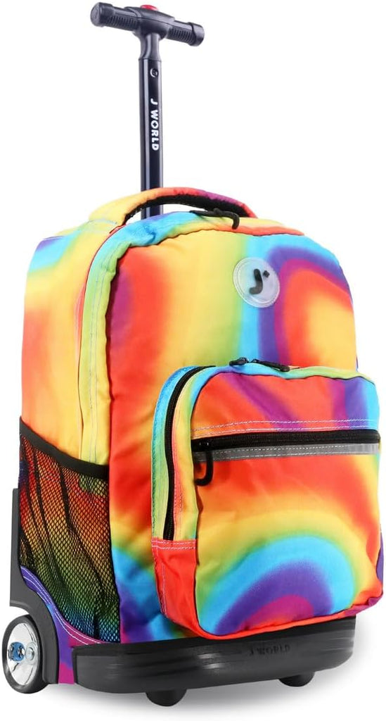 J World New York Sunrise Kids Rolling Backpack for Girls, Boys, and Teen. Roller Bookbag with Wheels, Heat, 18"