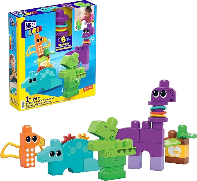 MEGA BLOKS Fisher-Price Sensory Building Toy, Squeak n Chomp Dinos with 24 Pieces