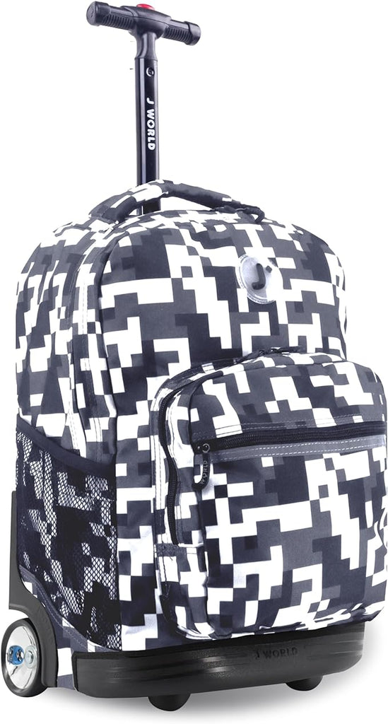 J World New York Sunrise Kids Rolling Backpack for Girls, Boys, and Teen. Roller Book-bag with Wheels, Camo, 18"