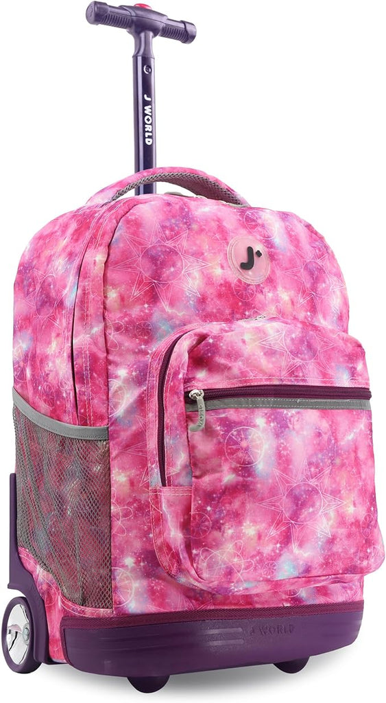 J World New York Sunrise Kids Rolling Backpack for Girls, and Teen. Roller Bookbag with Wheels, Purple Galaxy, 18"