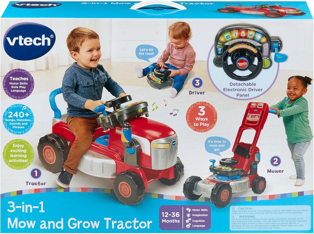 VTech 3-in-1 Mow and Grow Tractor, Ride-On Tractor, Push-Along Mower