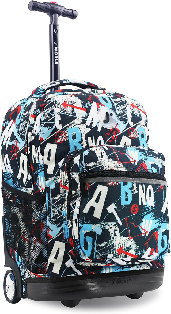 J World New York Sunrise Kids Rolling Backpack for Girls, Boys, and Teen. Roller Bookbag with Wheels, Graffiti, 18"
