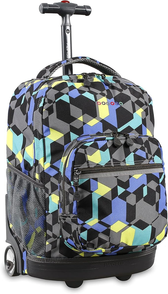 J World New York Sunrise Kids Rolling Backpack for Girls and Boys Teen. Roller Bookbag with Wheels, Cubes, 18"